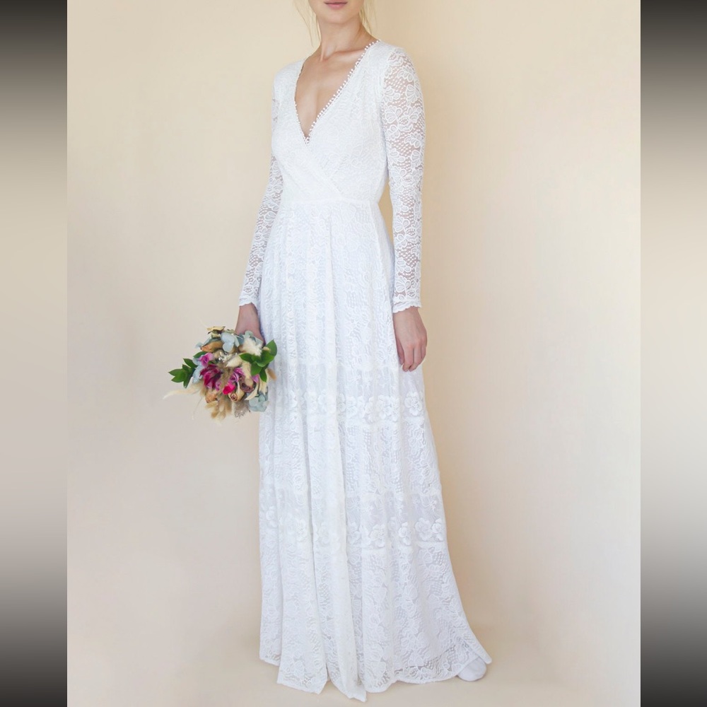 Blush Fashion - Bohemian Lace Long Sleeve Wrap Wedding Dress